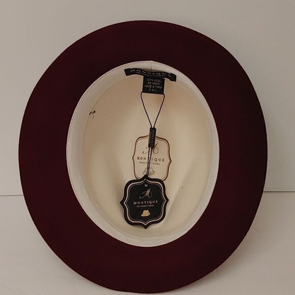 MEN'S MONTIQUE WHITE-BURGUNDY 2 1/4" WIDE BRIM 100% WOOL FELT FEDORA HAT. H82 - Picture 5 of 8